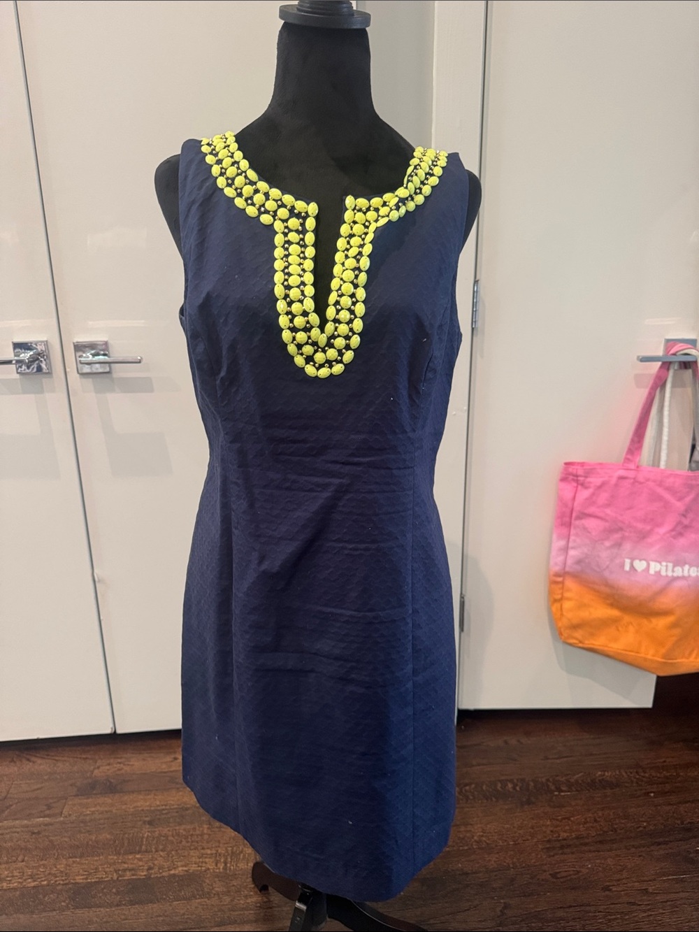 Lilly Pulitzer Navy Dress with Neon Yellow Beaded Neckline